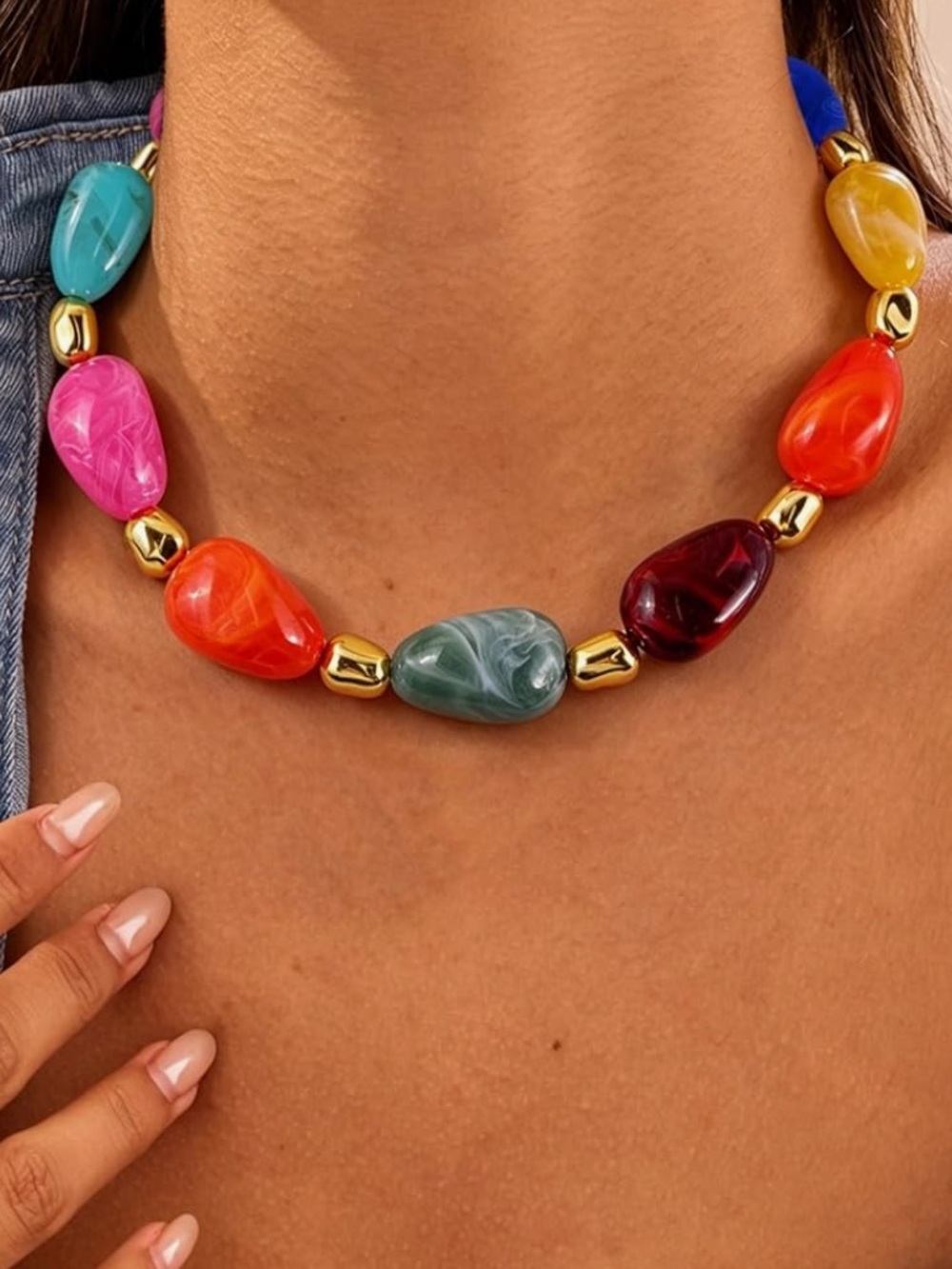 Anthropologie Bold Multicolor Beaded Necklace with Gold Accents - Picture 1 of 7